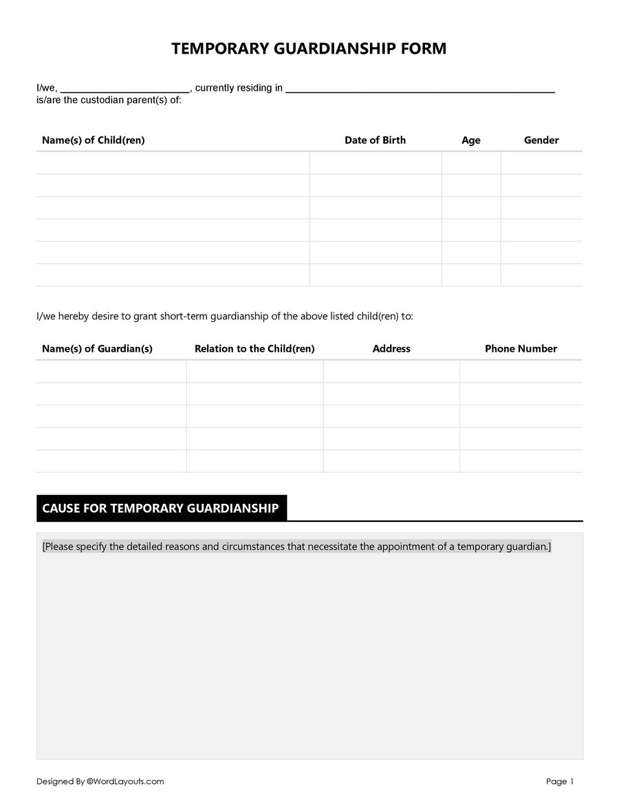 Temporary Guardianship Form Template Word U0026 GDocs
