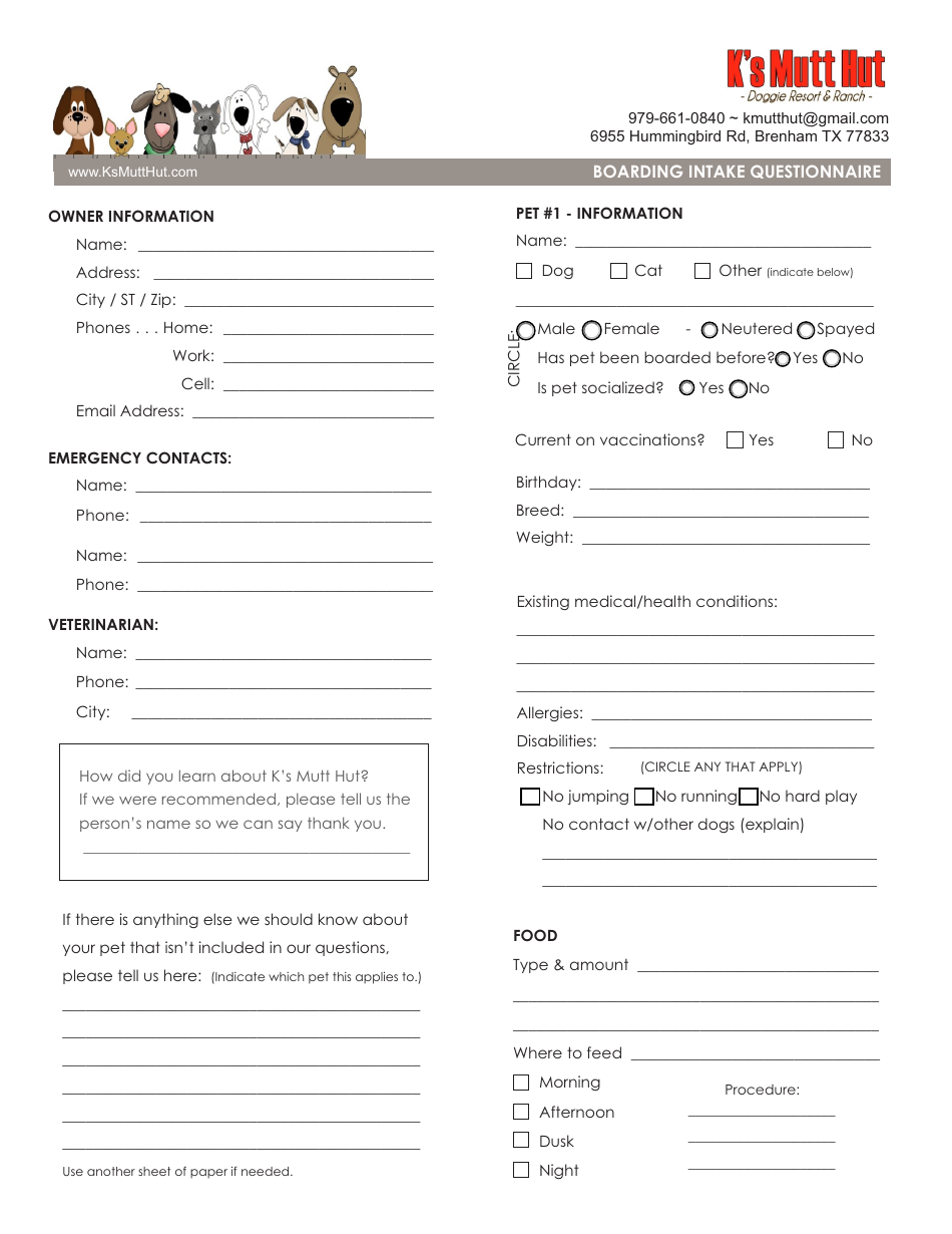 Texas Boarding Intake Questionnaire Template K s Mutt Hut Download Fillable PDF Templateroller