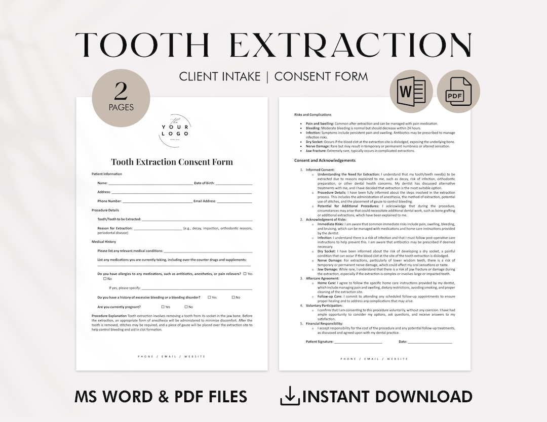 Tooth Extraction Consent Form Template Editable Dental Forms Word U0026 PDF Oral Surgery Consent Documents Dentist Client Intake Form Etsy