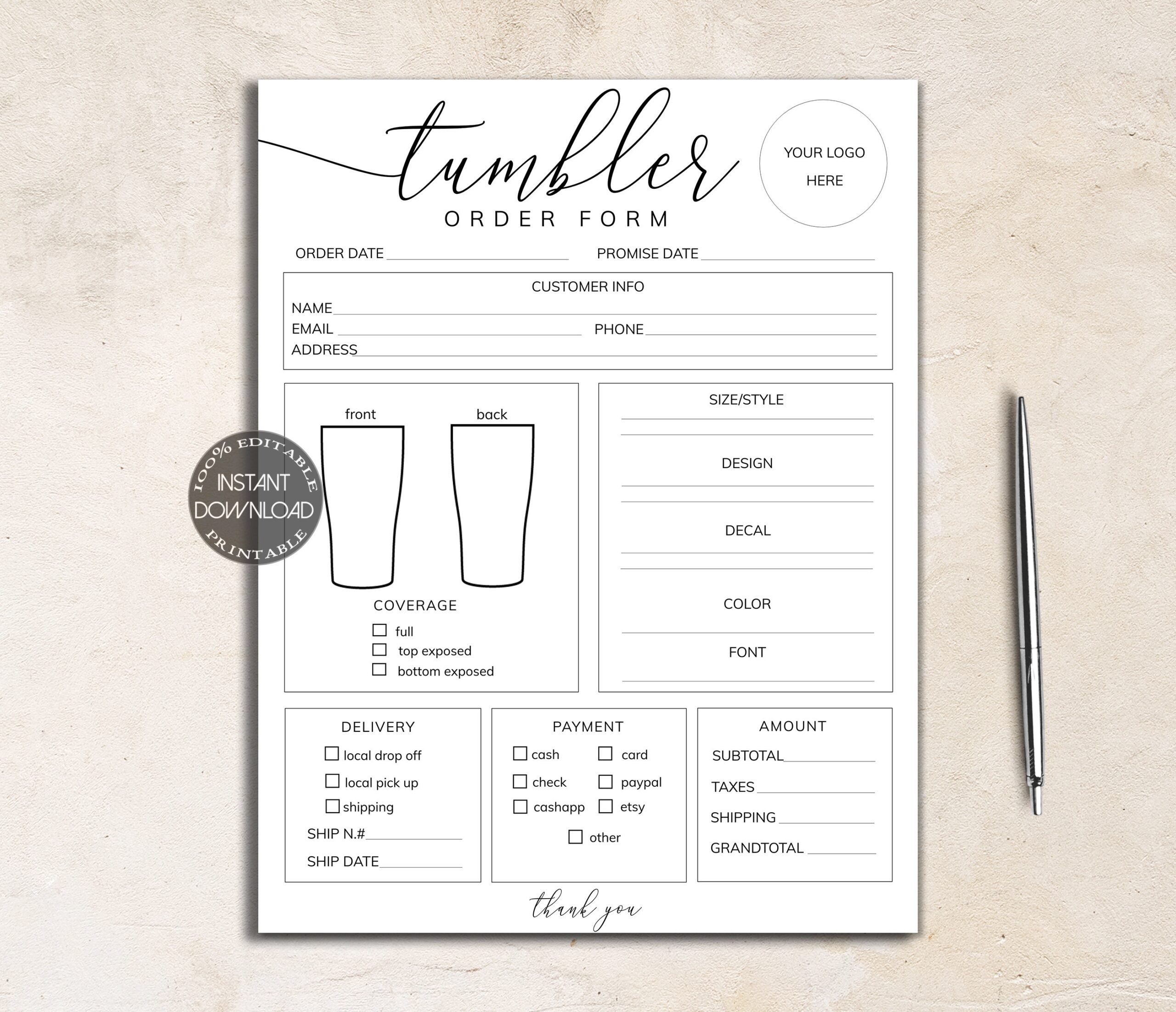 Printable Free Tumbler Order Form Template
