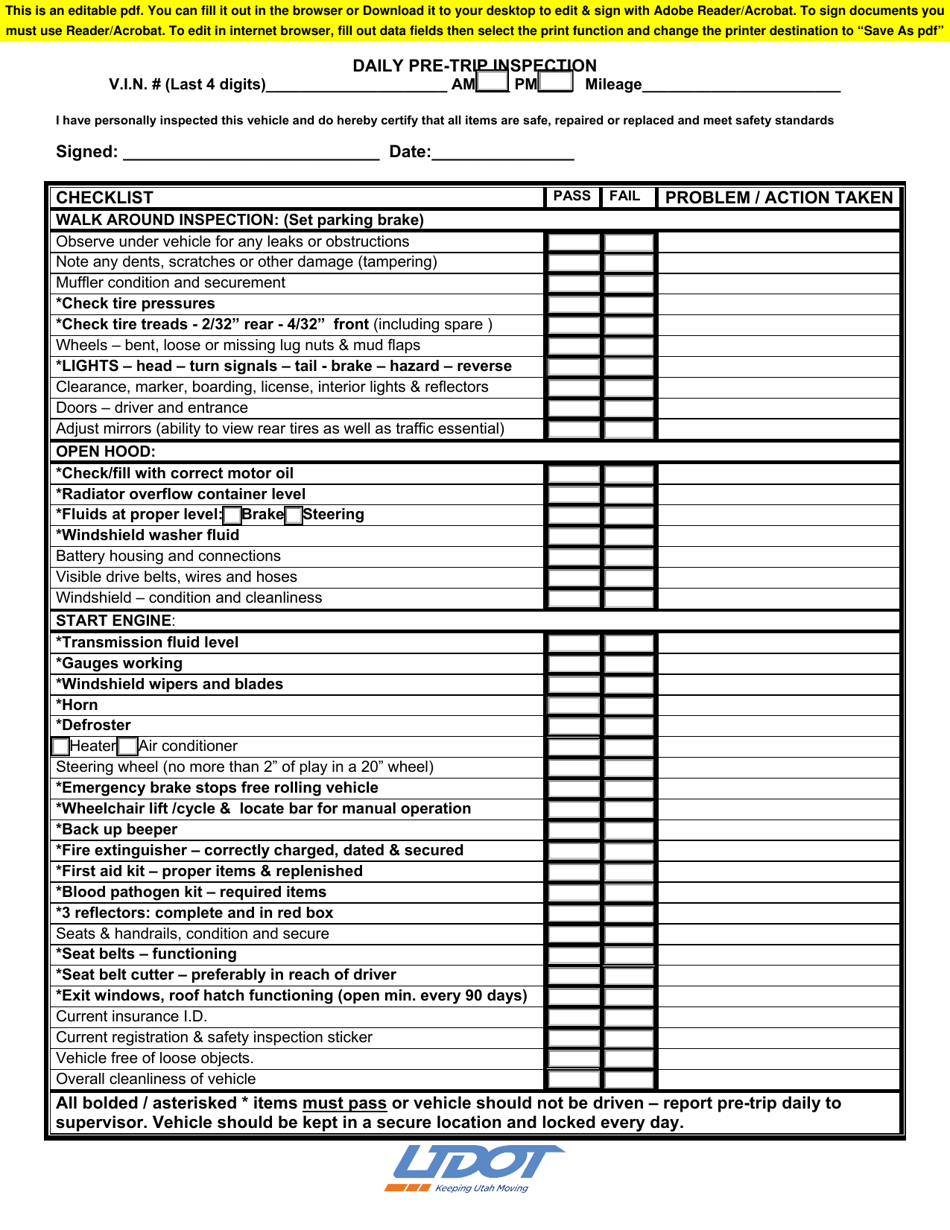 Utah Daily Pre trip Inspection Fill Out Sign Online And Download PDF Templateroller