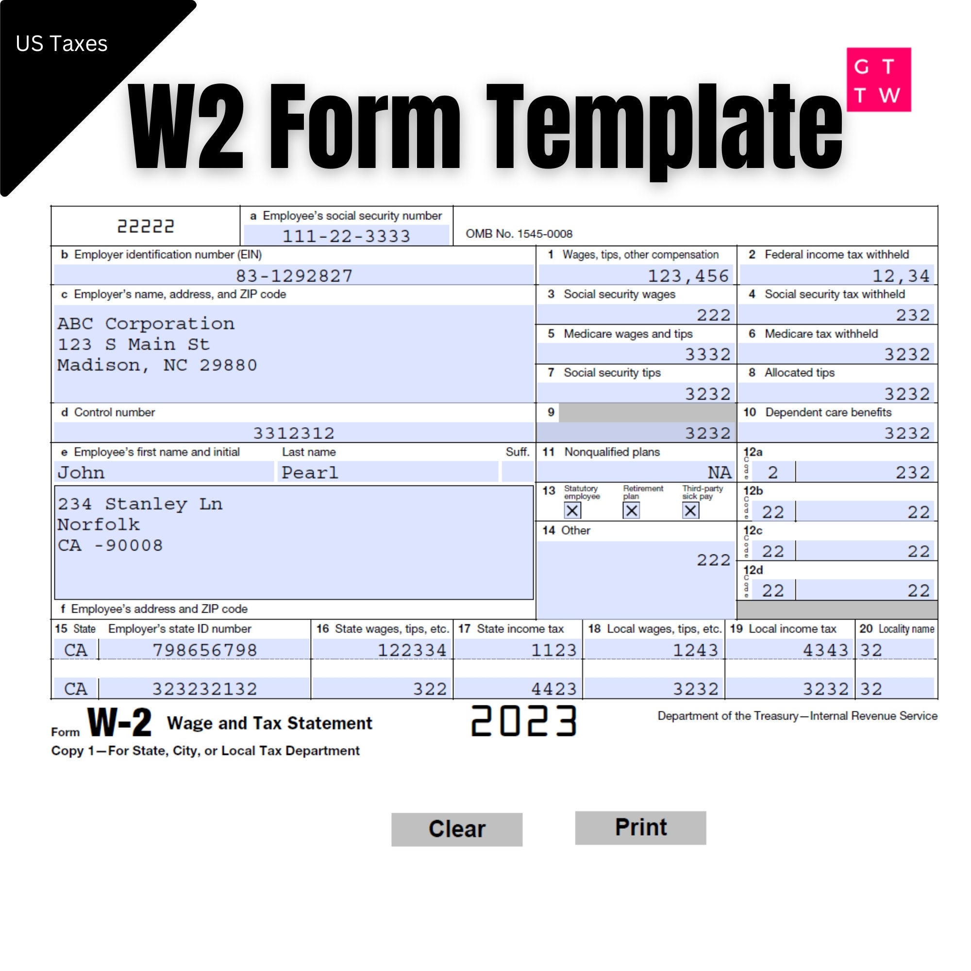 W2 Form IRS 2024 2023 Fillable PDF With Print And Clear Buttons 