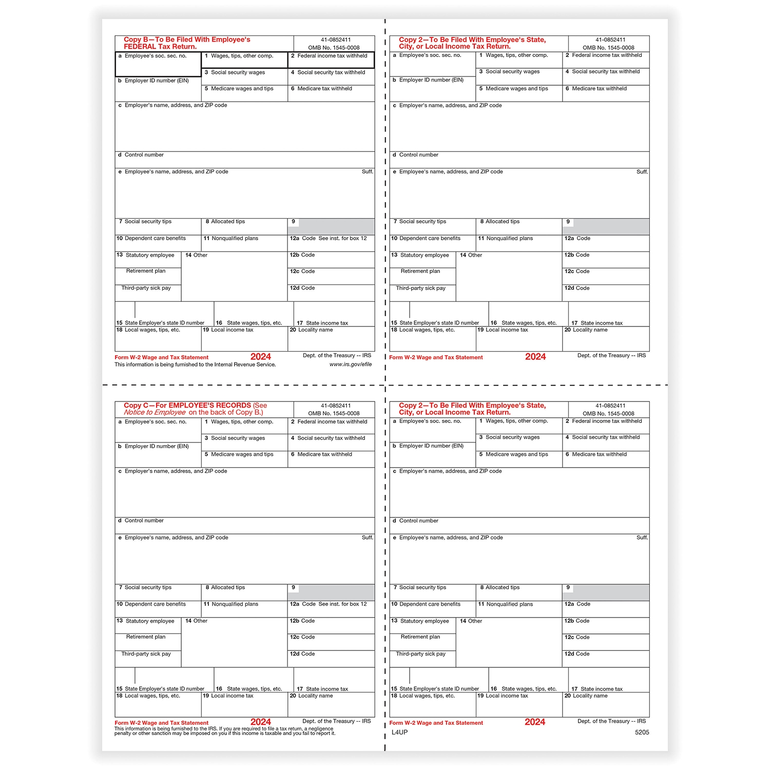 Wage Tax Statement W 2 Laser 4 Up Tax Form Formstax
