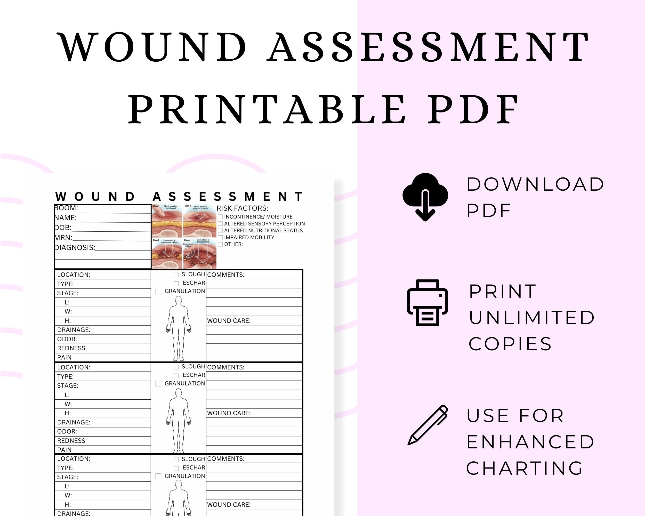 Wound Assessment Printable PDF Wound Care Documentation Wound Nurse Essentials Skin And Wound Management Pressure Ulcer Pressure Injury Etsy Australia