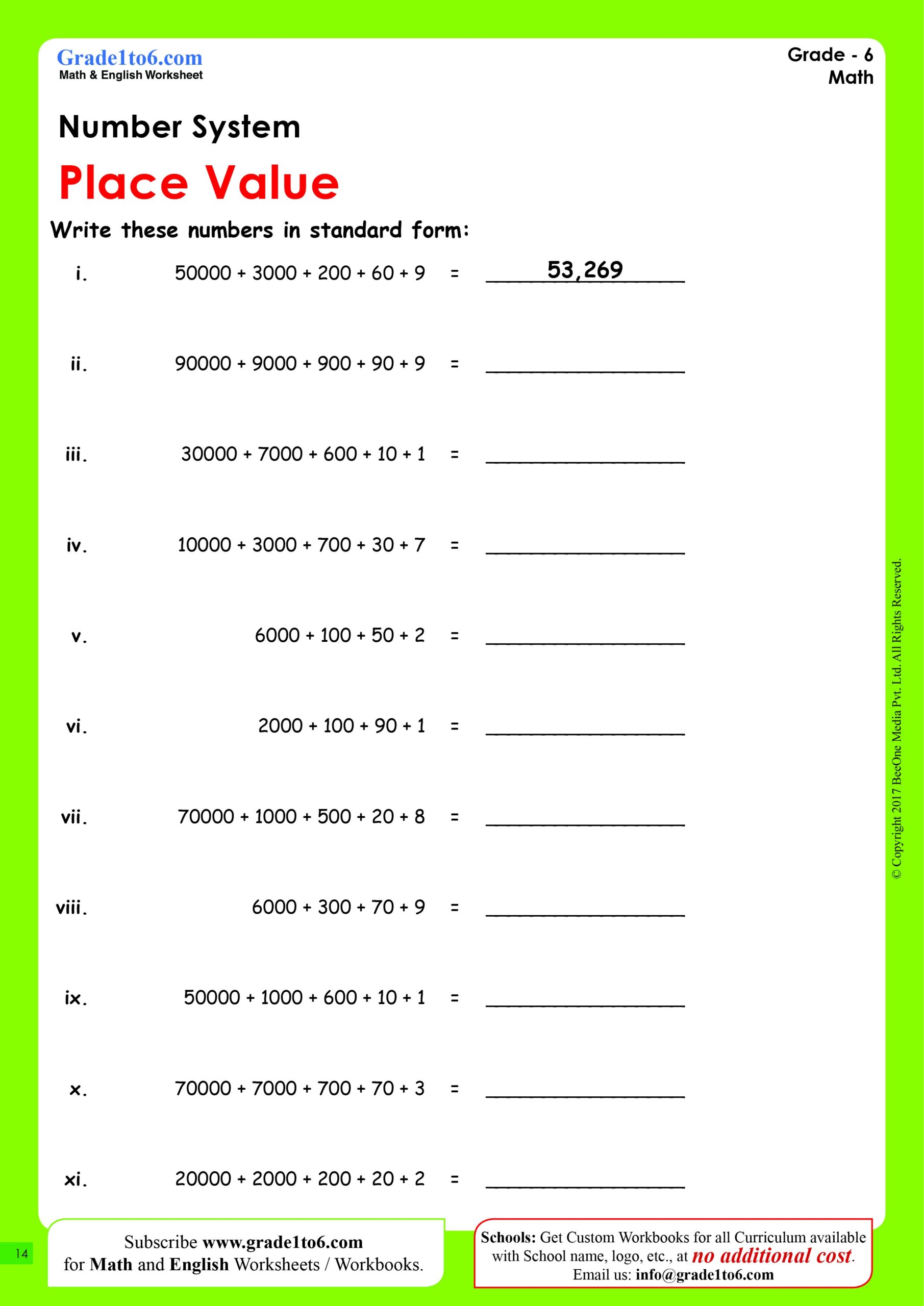 Writing In Standard Form Of Numbers Grade1to6 Worksheets 